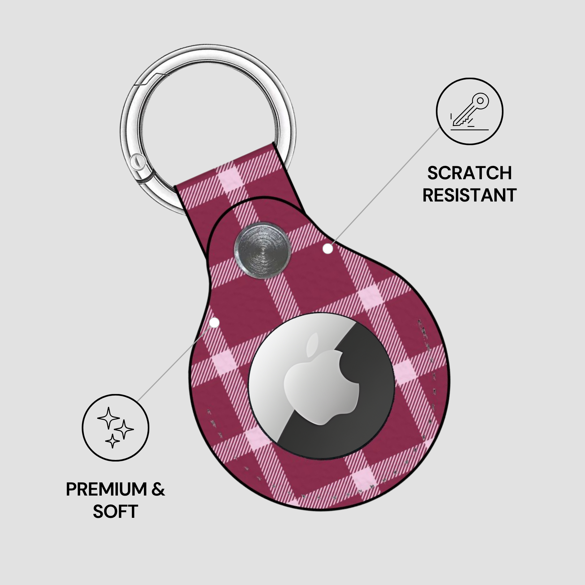 Plaid patterned keychain case with Apple logo on a light gray background