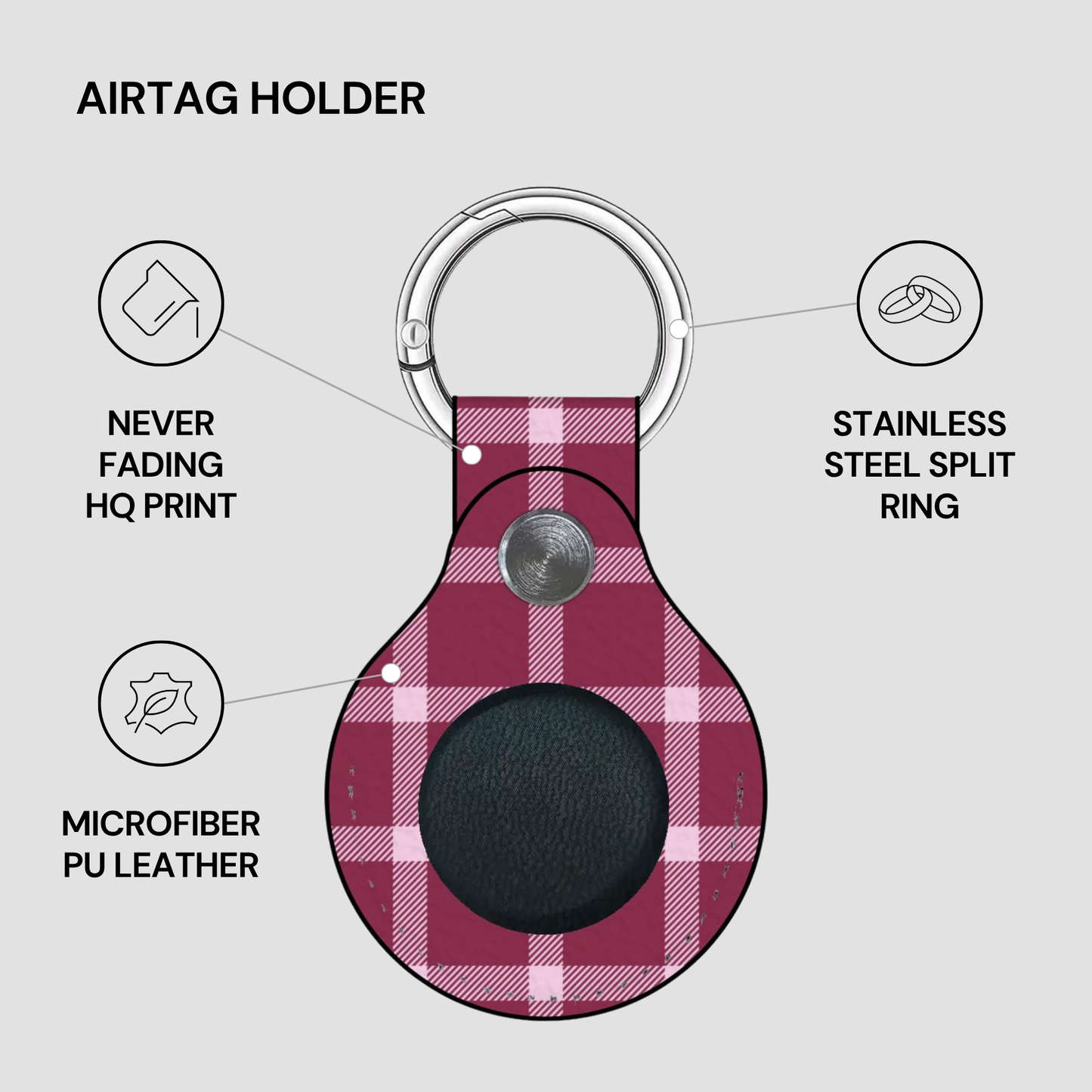 Plaid patterned Airtag holder with keychain on a gray background
