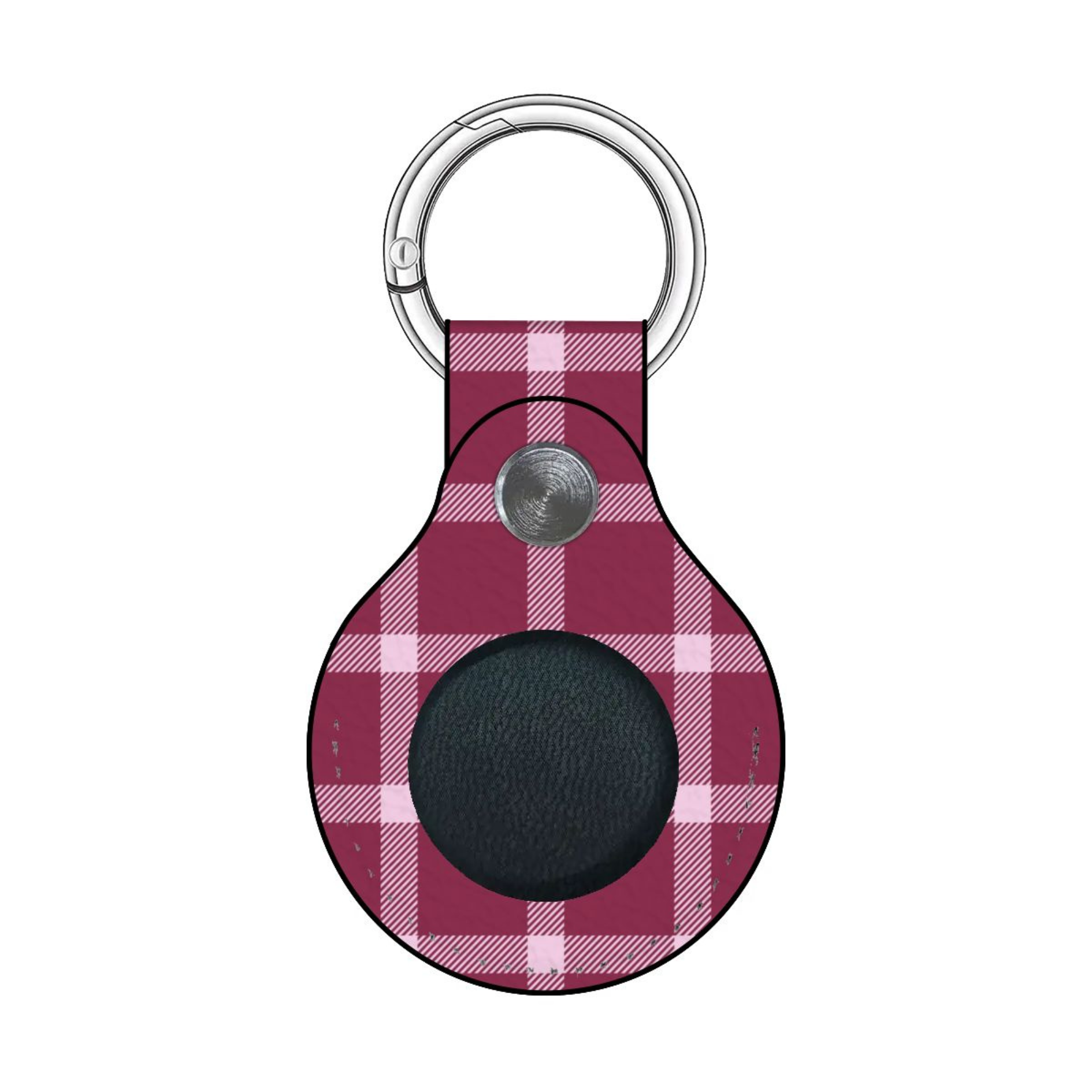 Plaid patterned keychain with a circular black center on a white background