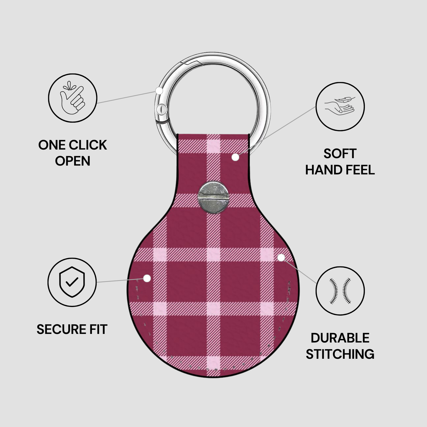 Red plaid keychain with features listed on a gray background