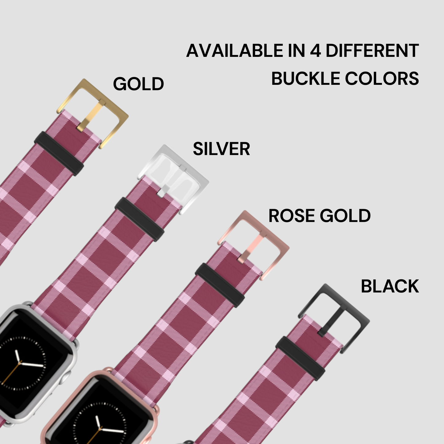 Plaid watch strap with gold, silver, rose gold, and black buckles on a light gray background.