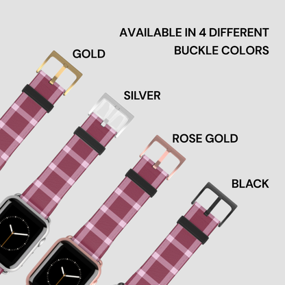 Plaid watch strap with gold, silver, rose gold, and black buckles on a light gray background.