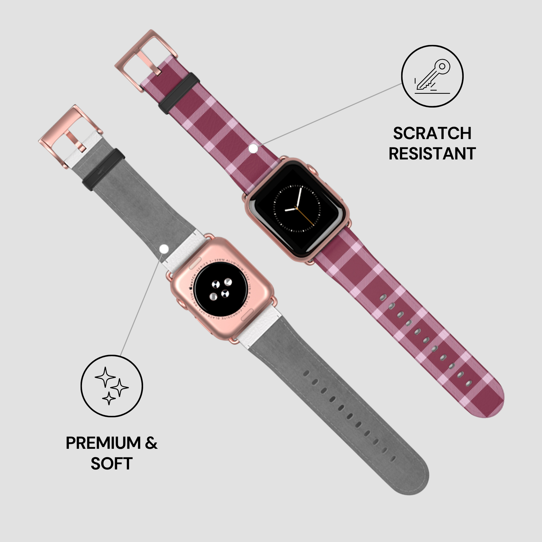 Two smartwatches with plaid and gray bands on a light gray background