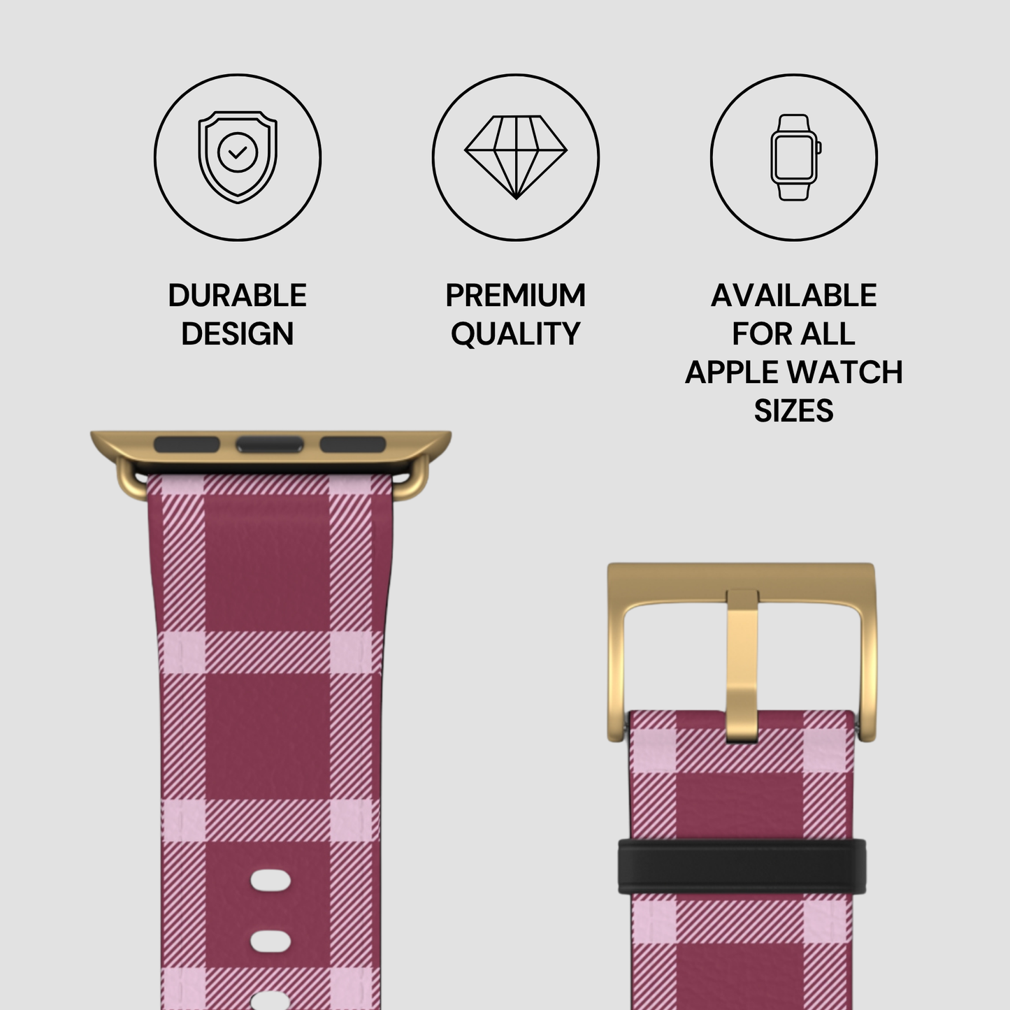 Pink plaid Apple Watch band with gold buckle on a light gray background, featuring durability, quality, and size availability text.