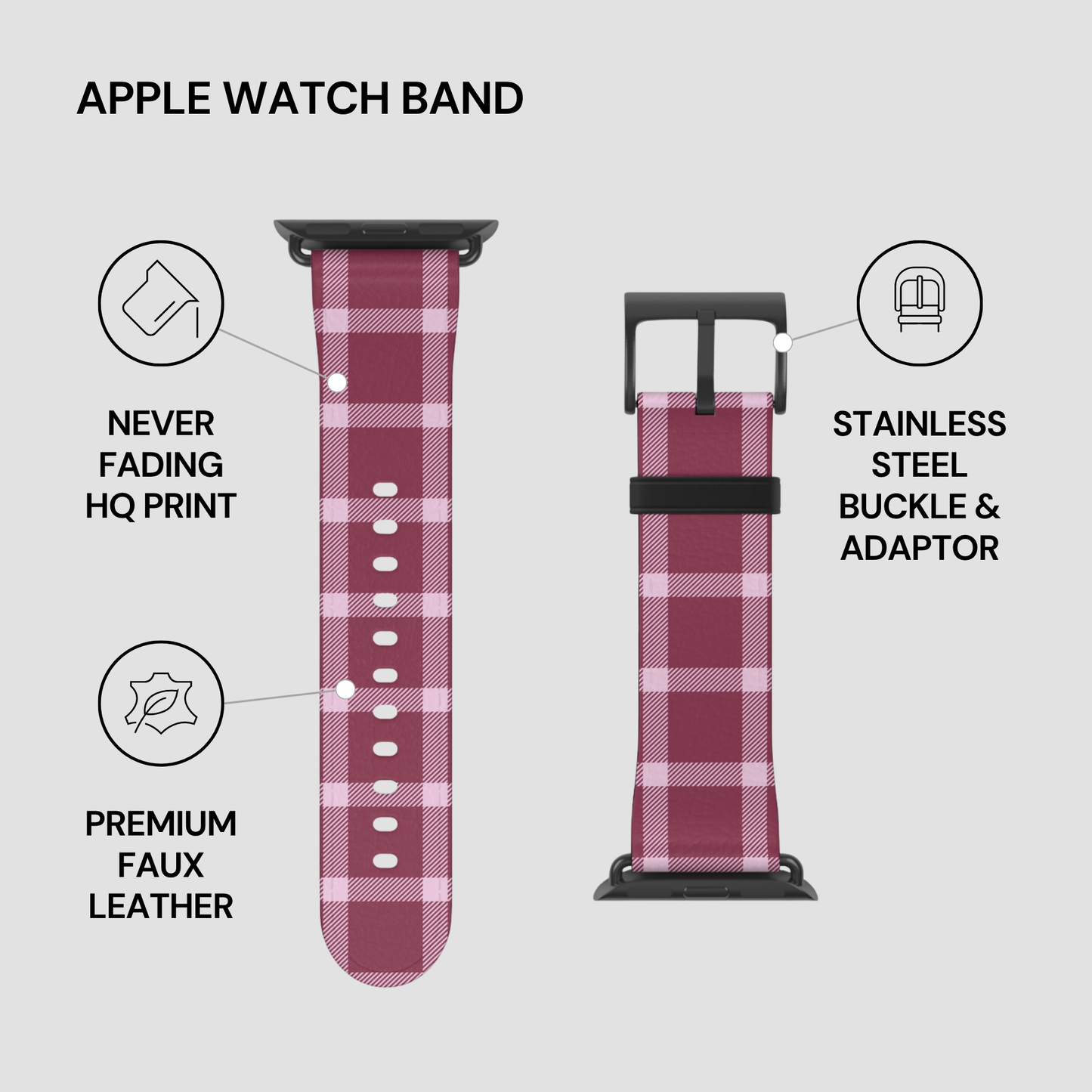 Plaid patterned Apple Watch band with features listed on a gray background