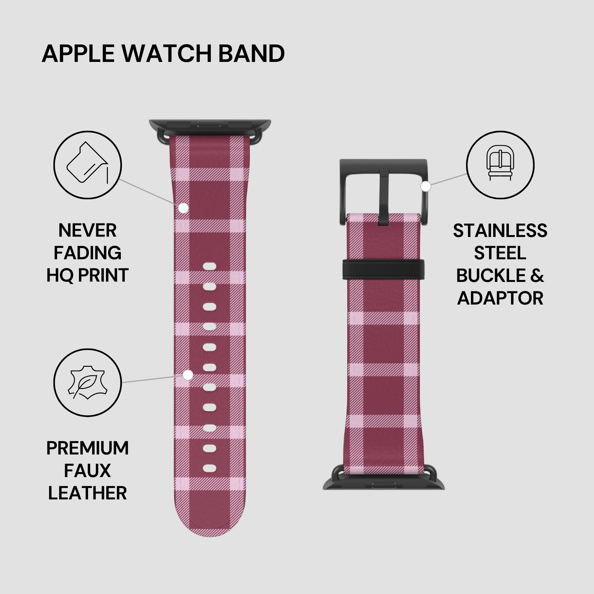 Plaid patterned Apple Watch band with features listed on a gray background