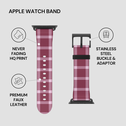 Plaid patterned Apple Watch band with features listed on a gray background