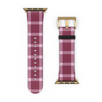 Plaid watch band with gold buckle on a white background