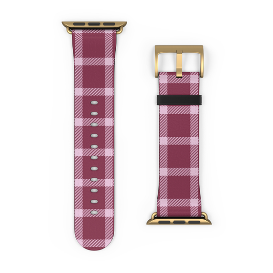 Plaid watch band with gold buckle on a white background