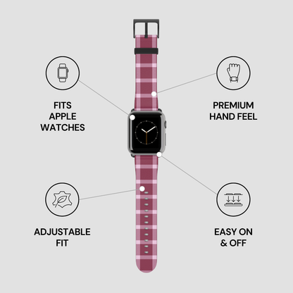 Plaid-patterned smartwatch band with features listed on a gray background