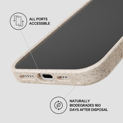Phone case with accessibility features and biodegradability text on a light gray background