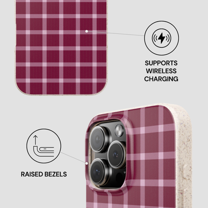 Plaid patterned phone case with wireless charging and raised bezels features on a light gray background