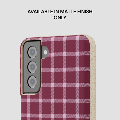 Plaid patterned phone case with text indicating matte finish only on a light gray background