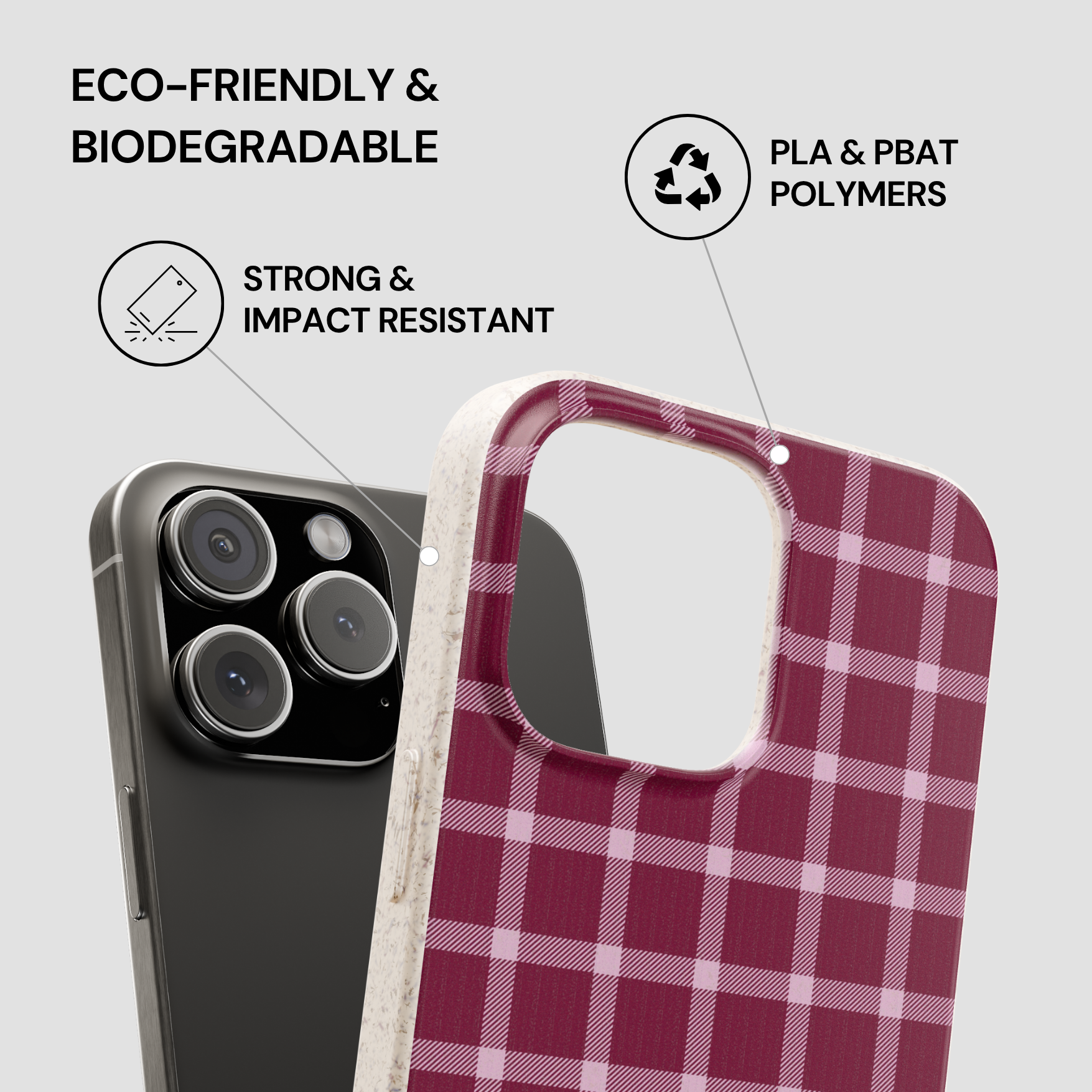 Plaid patterned phone case with eco-friendly and biodegradable features on a gray background