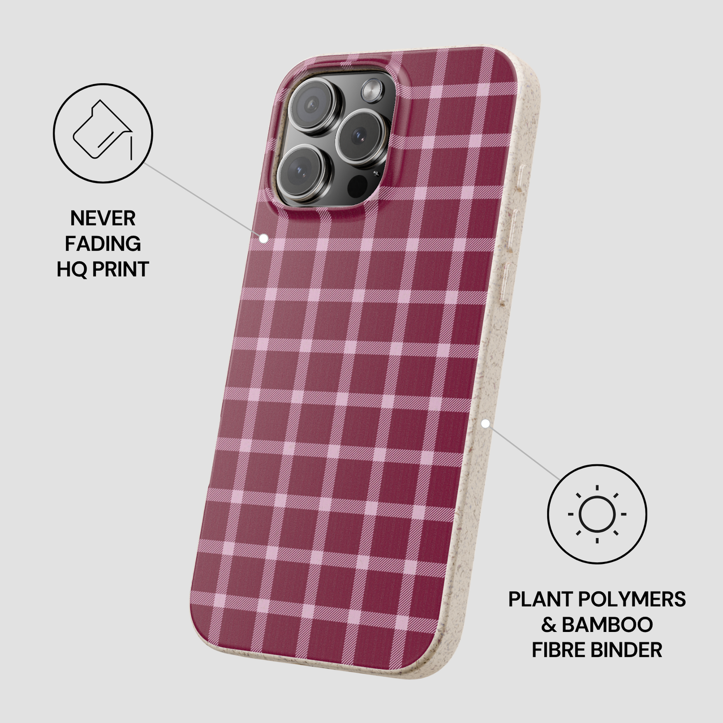 Plaid patterned phone case with plant polymers and bamboo fiber binder text on a white background