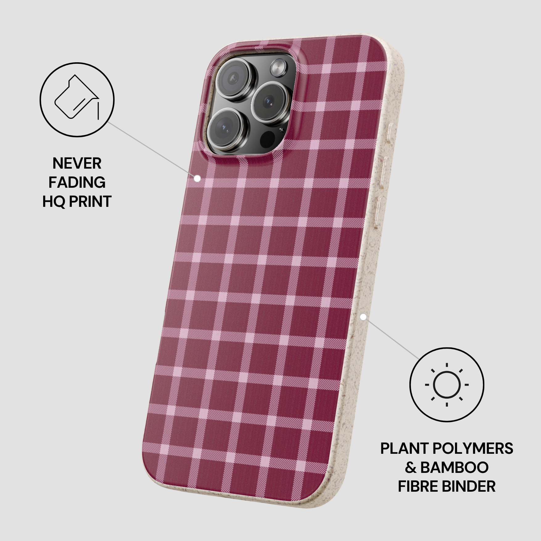 Plaid patterned phone case with plant polymers and bamboo fiber binder text on a white background