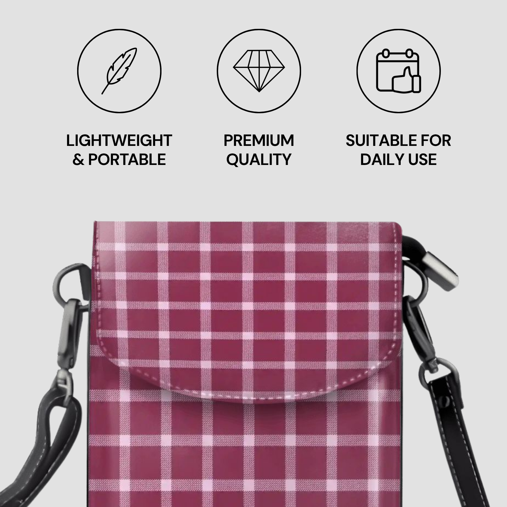 Plaid patterned bag with black straps on a light gray background, featuring icons and text about product attributes.