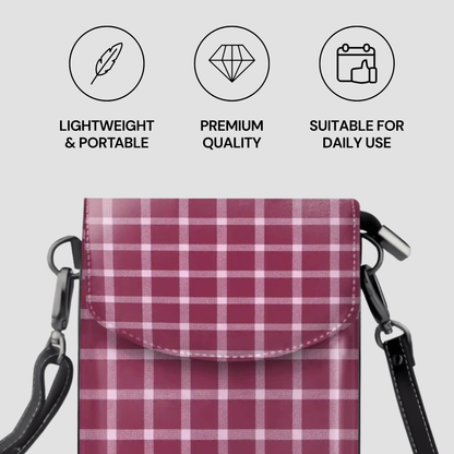 Plaid patterned bag with black straps on a light gray background, featuring icons and text about product attributes.