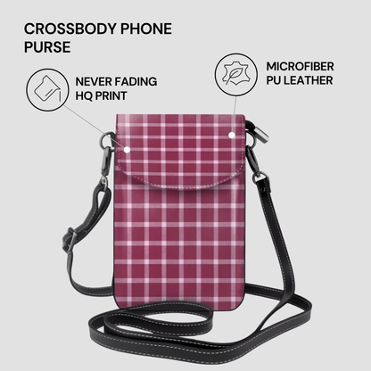 Crossbody phone purse with plaid pattern on a light gray background