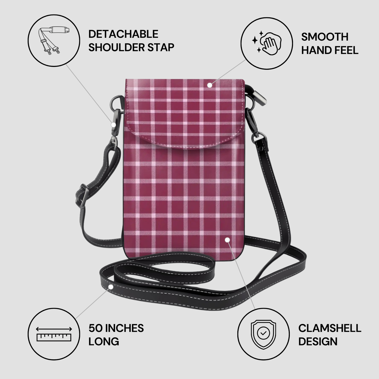 Plaid patterned crossbody bag with features highlighted on a light gray background