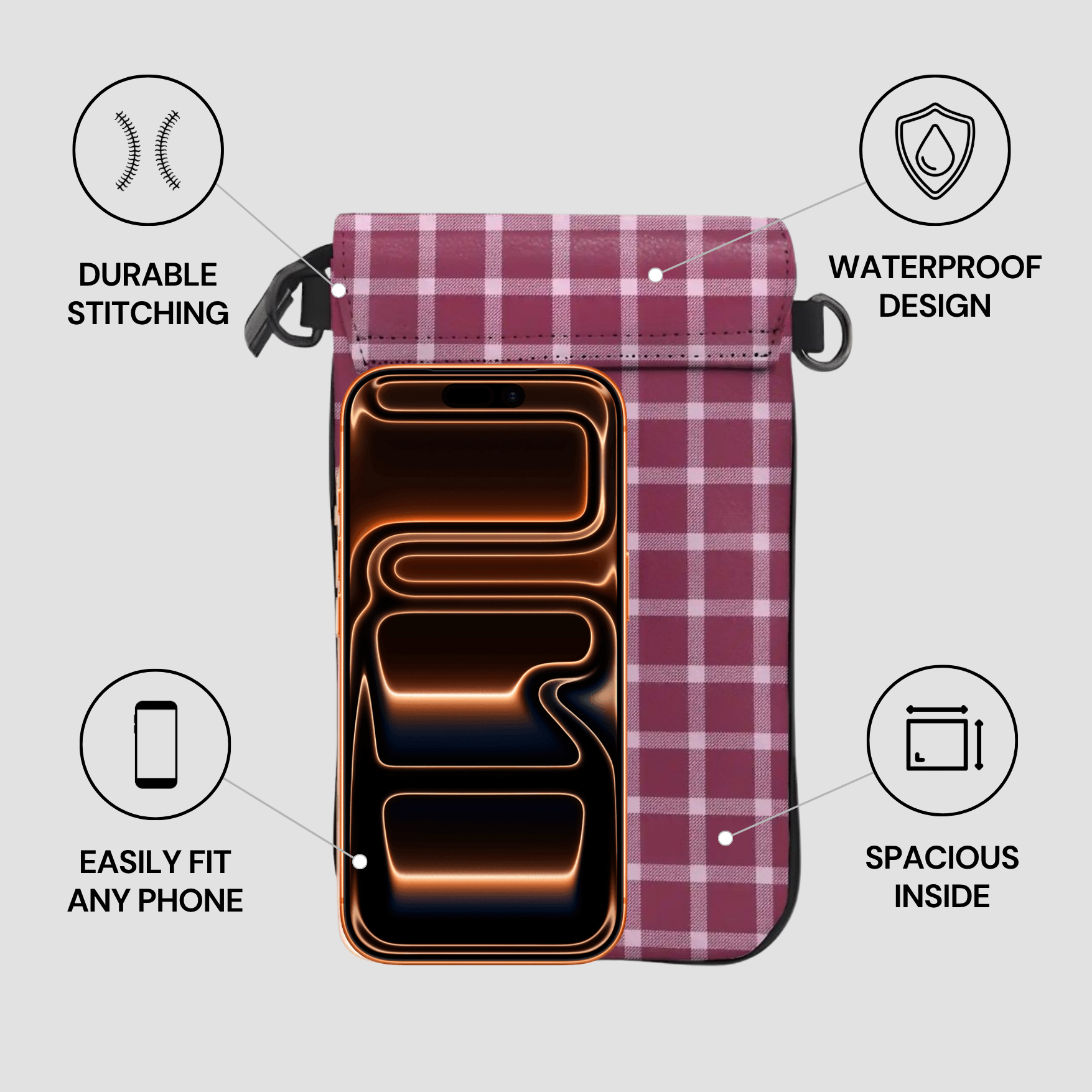 Plaid phone case with features highlighted on a light gray background