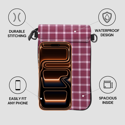 Plaid phone case with features highlighted on a light gray background