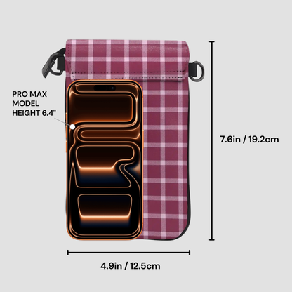Plaid-patterned phone case with dimensions and smartphone model compatibility on a gray background