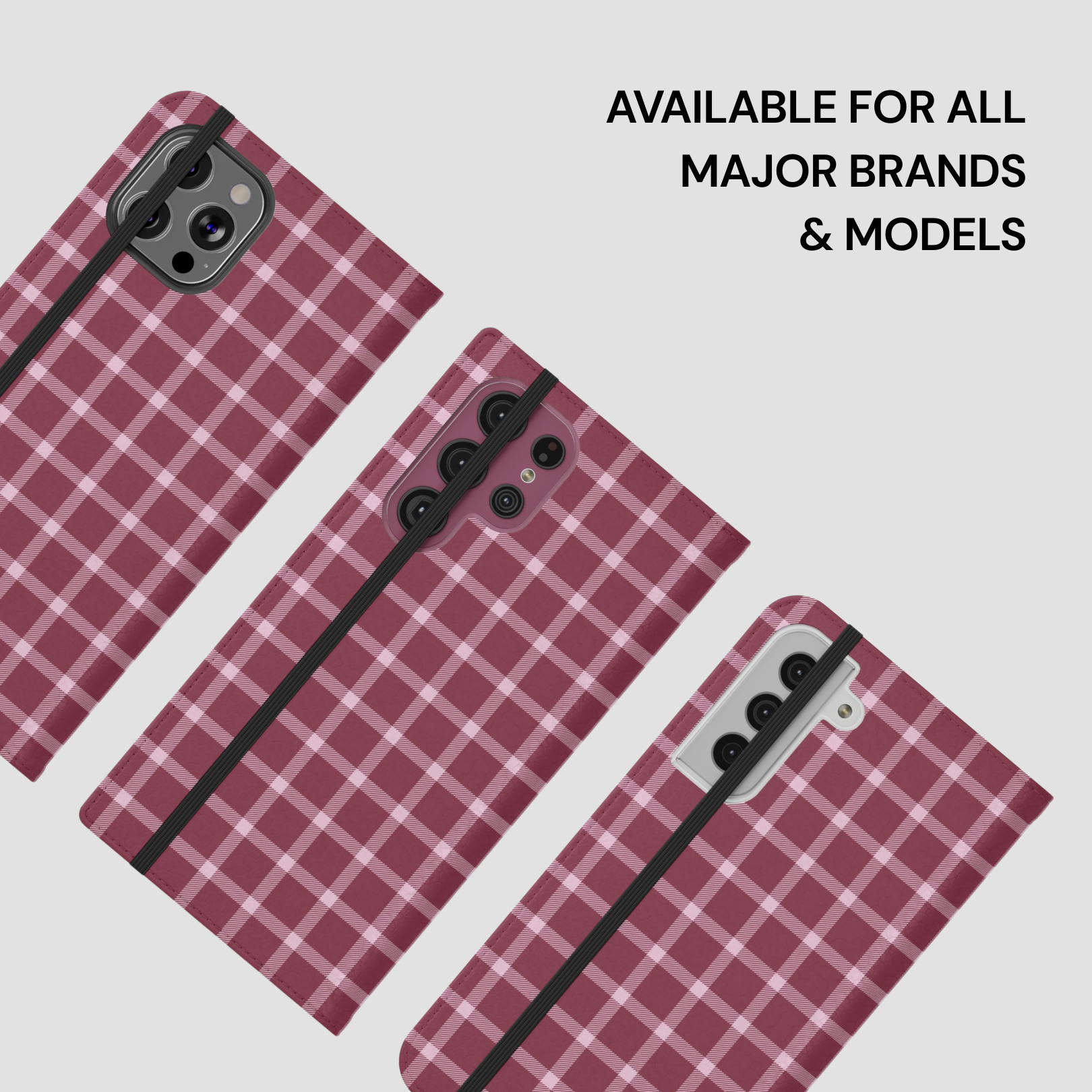Plaid patterned phone case on a light gray background with text 'Available for all major brands & models'.