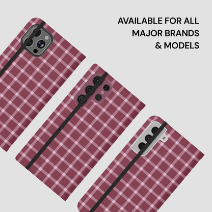 Plaid patterned phone case on a light gray background with text 'Available for all major brands & models'.