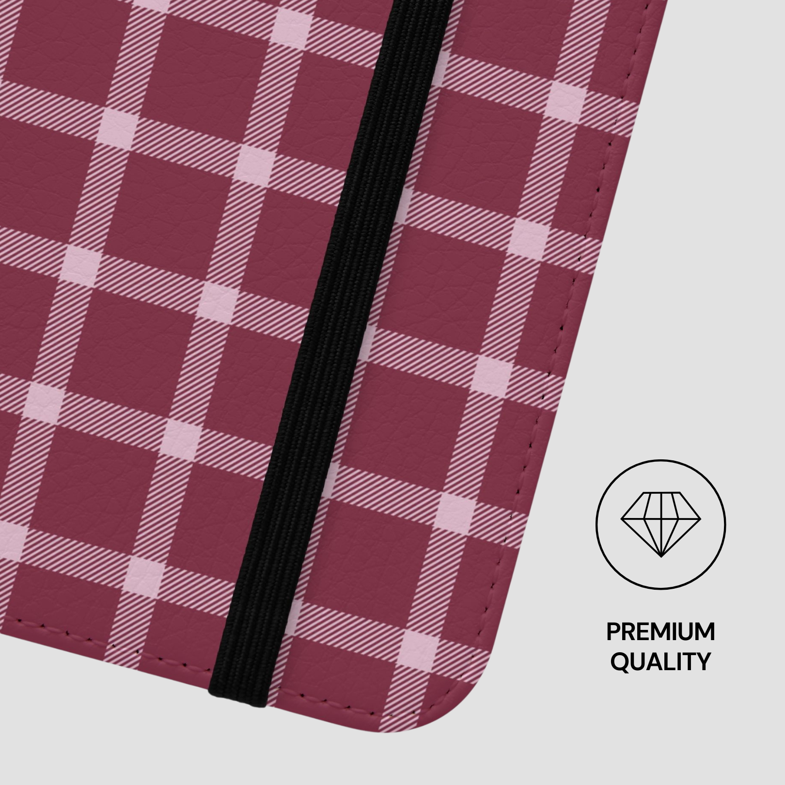 Plaid patterned product with black zipper on a light gray background, featuring a 'Premium Quality' label.
