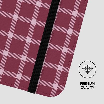 Plaid patterned product with black zipper on a light gray background, featuring a 'Premium Quality' label.
