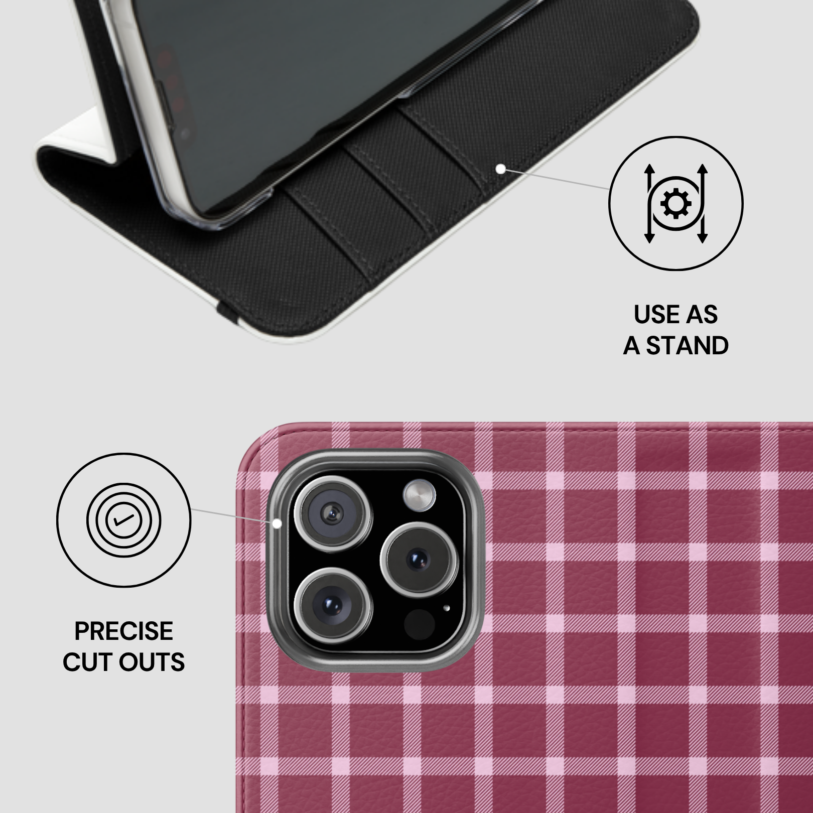 Phone case with plaid pattern and stand feature on a light gray background