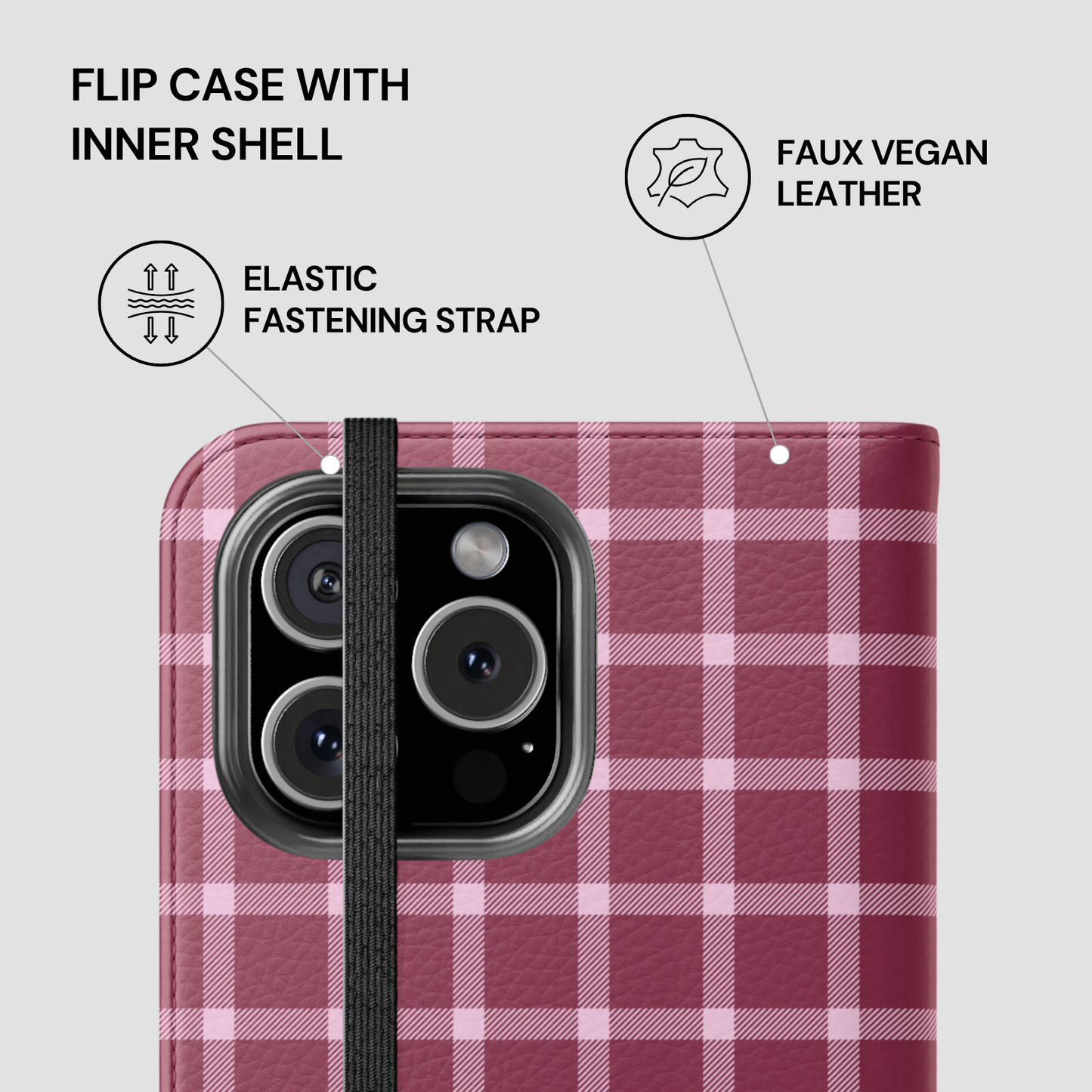 Pink plaid phone case with features highlighted on a light gray background