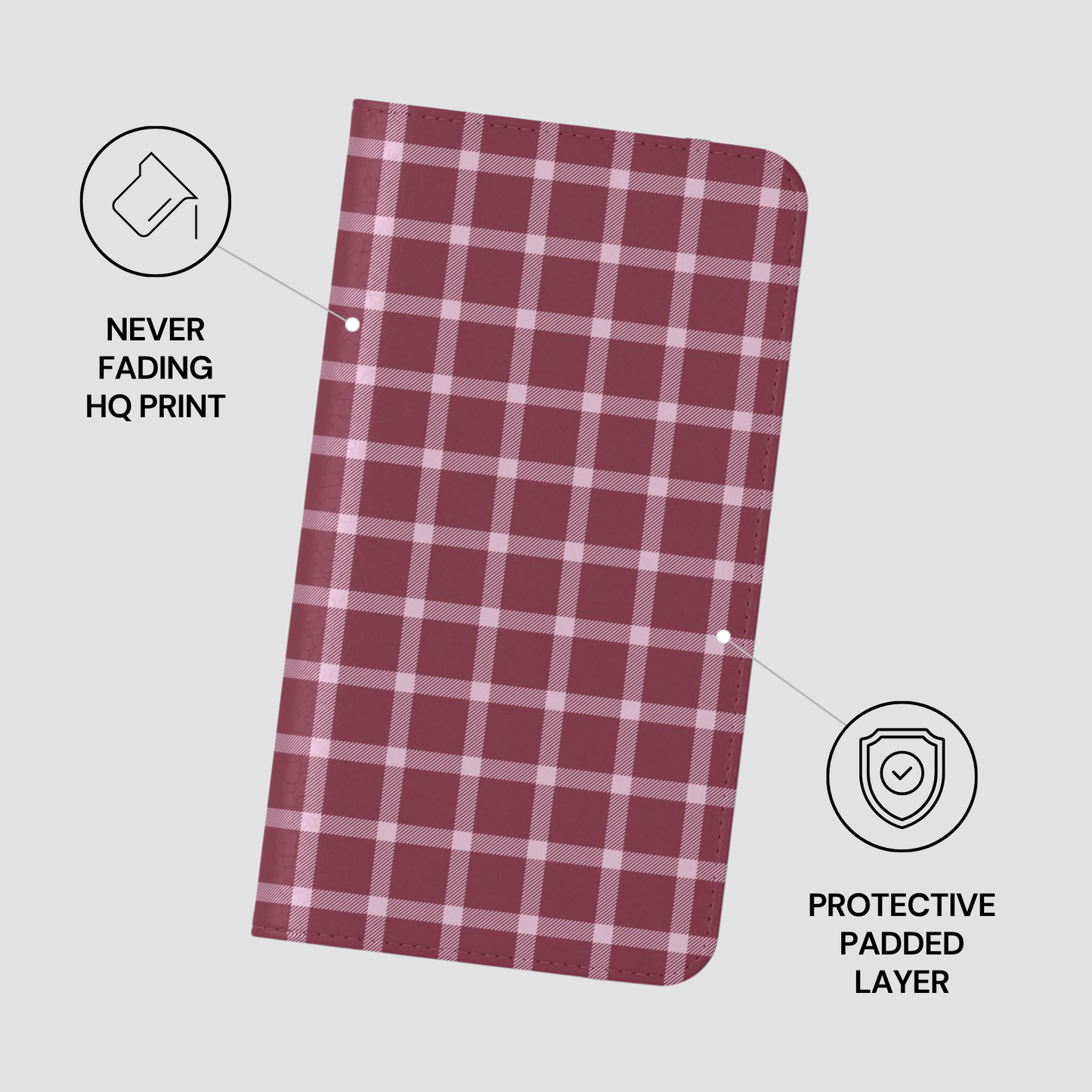 Plaid phone case with 'Never Fading HQ Print' and 'Protective Padded Layer' text on a light gray background