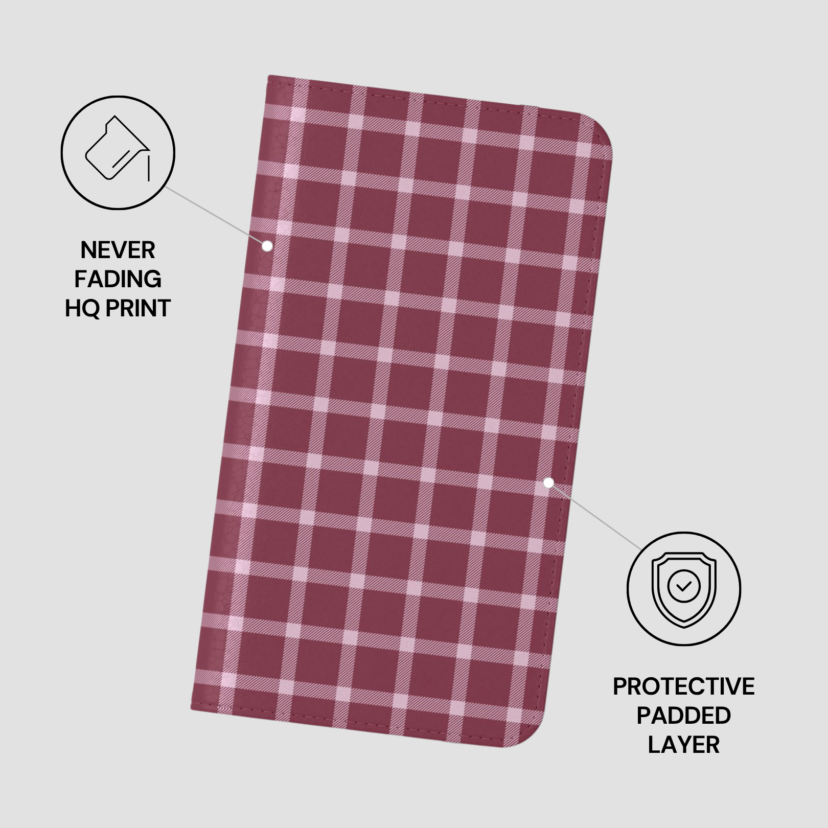 Plaid phone case with 'Never Fading HQ Print' and 'Protective Padded Layer' text on a light gray background