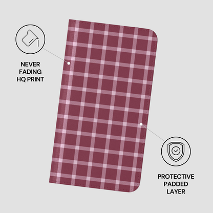 Plaid phone case with 'Never Fading HQ Print' and 'Protective Padded Layer' text on a light gray background