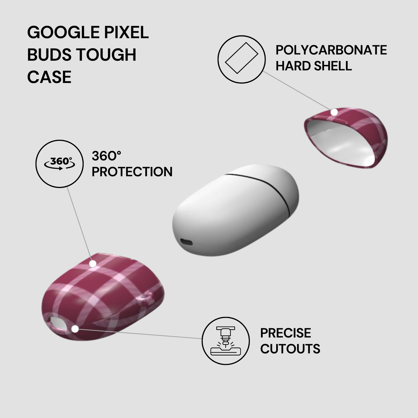 Google Pixel Buds Tough Case with features highlighted on a gray background