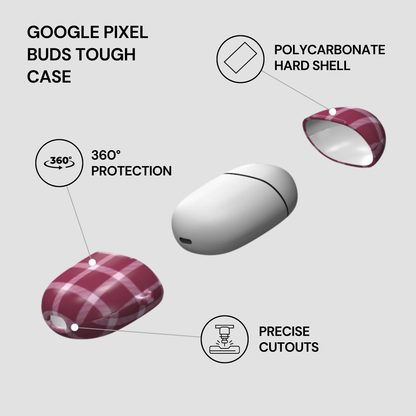 Google Pixel Buds Tough Case with features highlighted on a gray background