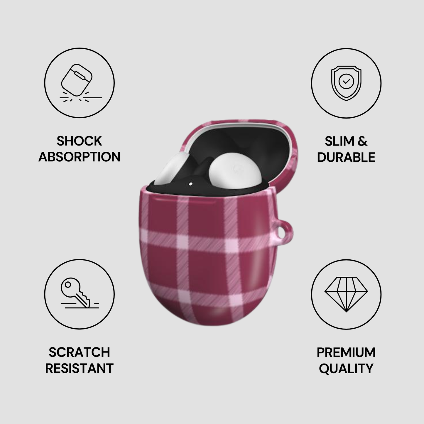 Plaid-patterned case with a white sphere inside, featuring icons and text about product features on a light gray background.