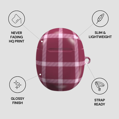 Plaid patterned case with features listed on a light gray background