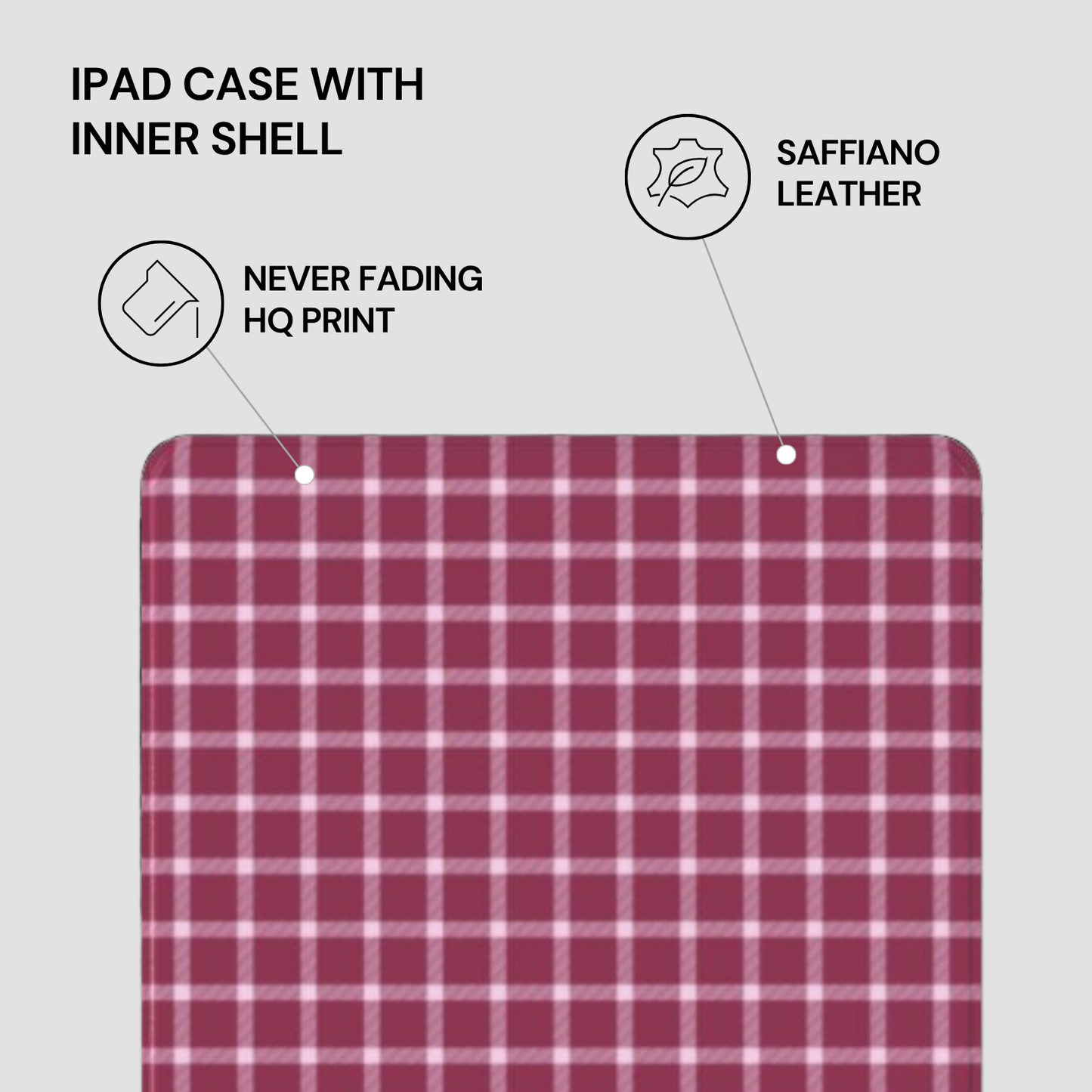 Red and white checkered pattern with text describing features of an iPad case.