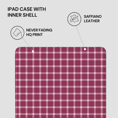 Red and white checkered pattern with text describing features of an iPad case.