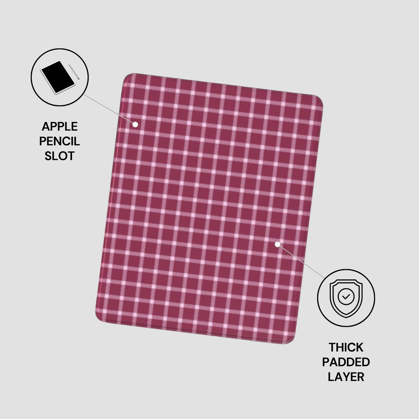 Red and white checkered case with Apple Pencil slot and thick padded layer on a gray background