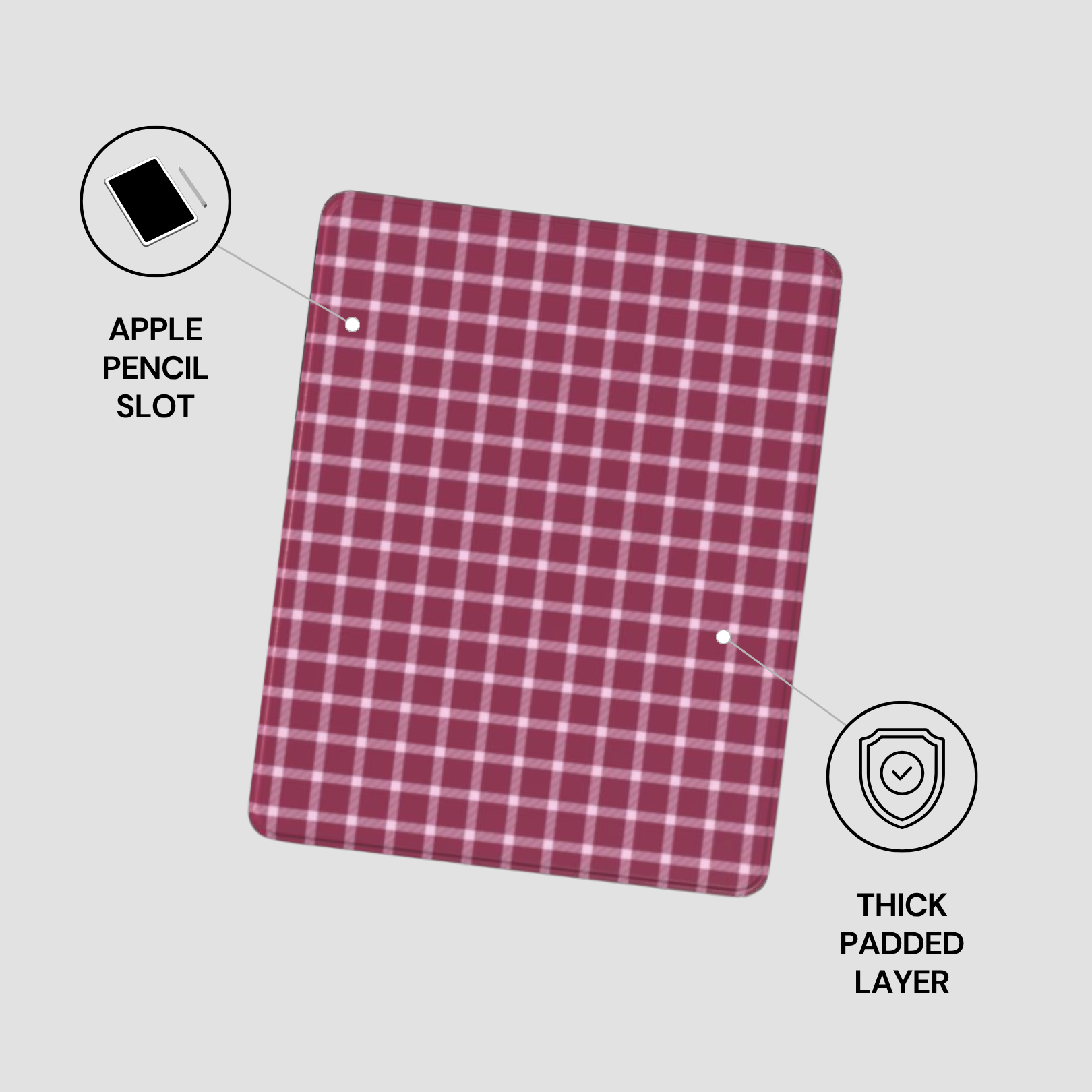 Red and white checkered case with Apple Pencil slot and thick padded layer on a gray background
