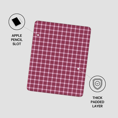 Red and white checkered case with Apple Pencil slot and thick padded layer on a gray background