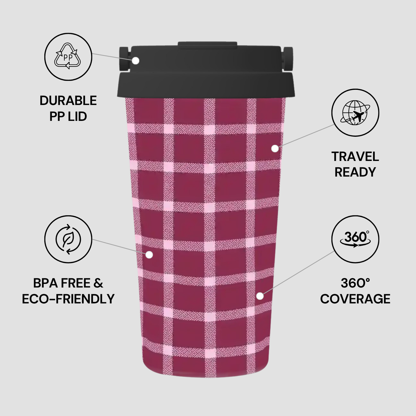 Plaid-patterned tumbler with features highlighted on a light gray background