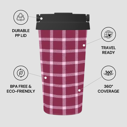 Plaid-patterned tumbler with features highlighted on a light gray background