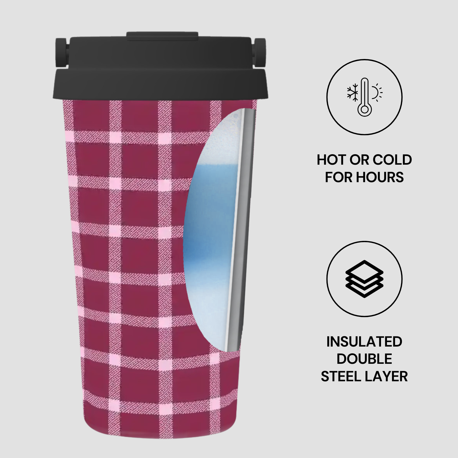 Plaid-patterned tumbler with black lid on a light gray background