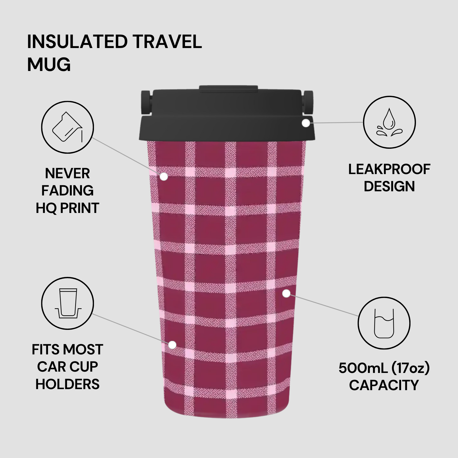 Insulated travel mug with plaid pattern on a gray background, featuring text highlights.