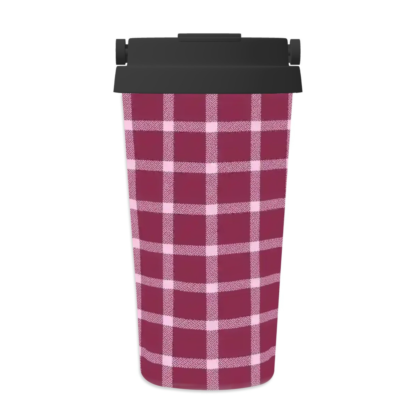 Plaid-patterned trash can with a black lid on a white background